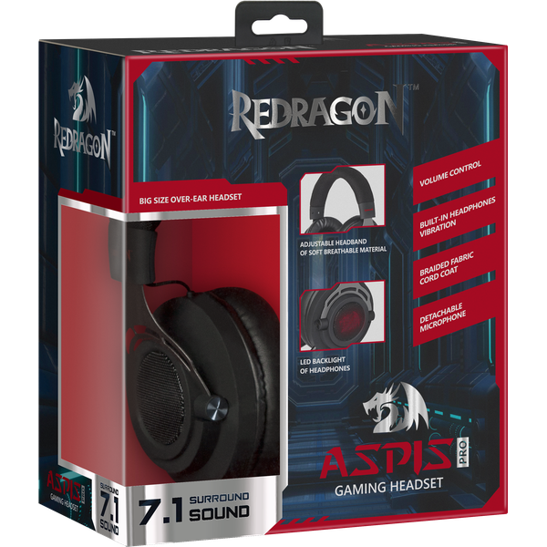 Наушники Redragon ASPIS PRO (полноразмерные закрытые, подключение по USB, c микрофоном, игровые, 2m, black)