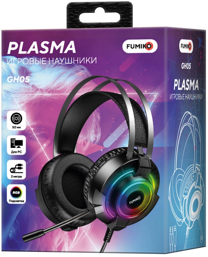 Наушники FUMIKO PLASMA (FGH05-01, полноразмерные закрытые, с микрофоном, регулятор, игровые, 2m, подсветка, black)