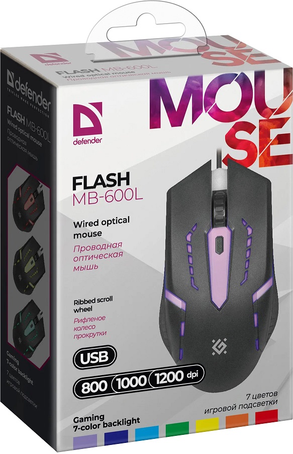 Мышь Defender Flash MB-600L (USB, optical, 1200dpi, подсветка, 1.5m, black)