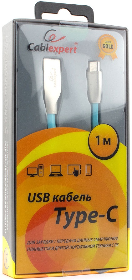 Кабель USB 2.0 Am - Type-C 1.0m (CC-G-USBC01Bl-1M, серия Gold, не спутывается, блистер, blue) Cablexpert
