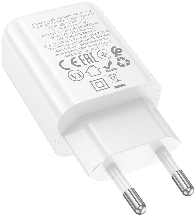 Адаптер питания hoco N63 Gentle (100-240V - 2x USB, USB Type-C, 5V-3А, 9V-3A, 12V-2.5A, 30W, быстрая зарядка, QC3.0, PD, GaN, white)