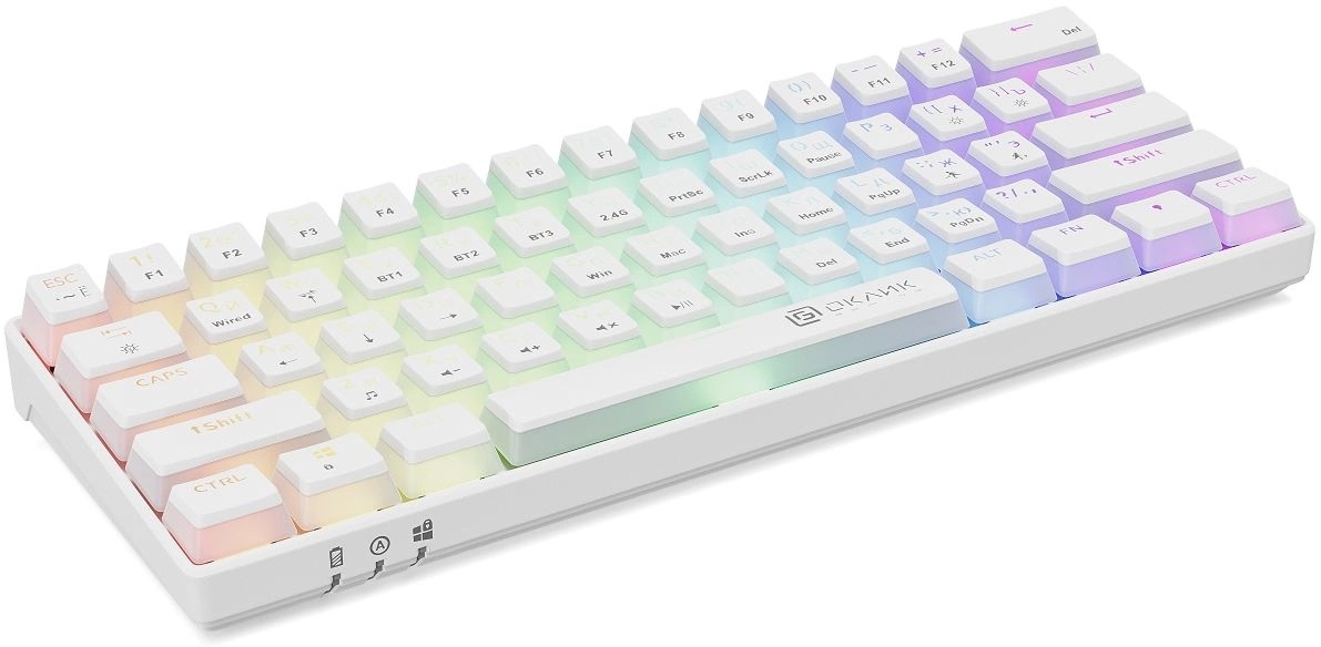 Клавиатура Oklick K763W (USB / Bluetooth 5.0(3.0) / 2.4GHz, механическая, аккумулятор 1450mAh (до 5 дней беспрерывной работы), регулируемая RGB подсветка, игровая, мультимедийная, Anti-Ghosting, 1.8m, white)