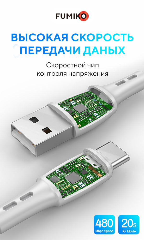 Кабель USB 2.0 Am - Type-C 1.0m (FCA02-03, 3A, быстрая зарядка, white) FUMIKO