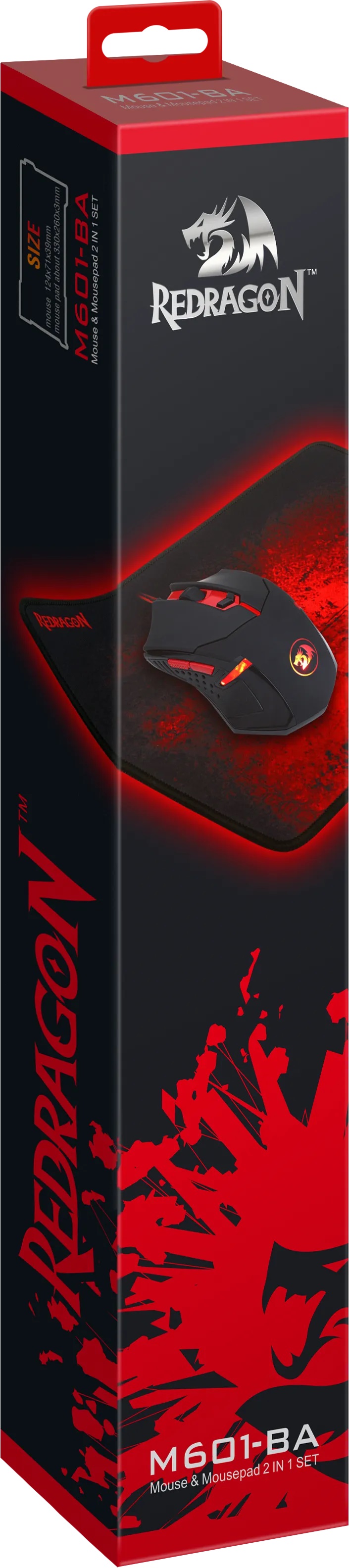 Игровой набор Redragon M601BA - Мышь (USB, optical, 3200dpi, игровая, подсветка, программируемая, soft-touch, black-red) + Коврик для мыши (тканевый на резиновой основе, игровой, black-red, 330x260x3mm)