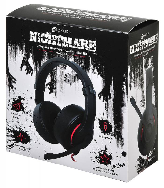 Наушники Oklick NIGHTMARE HS-L330G (накладные закрытые, с микрофоном, регулятор, игровые, 1.9m, black-red)