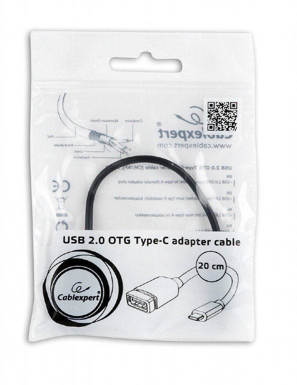 Кабель-переходник USB-OTG (A-OTG-CMAF2-01, USB2.0 Type-C / USB2.0 (F), 0.2m, экранированный, пакет, black) Cablexpert