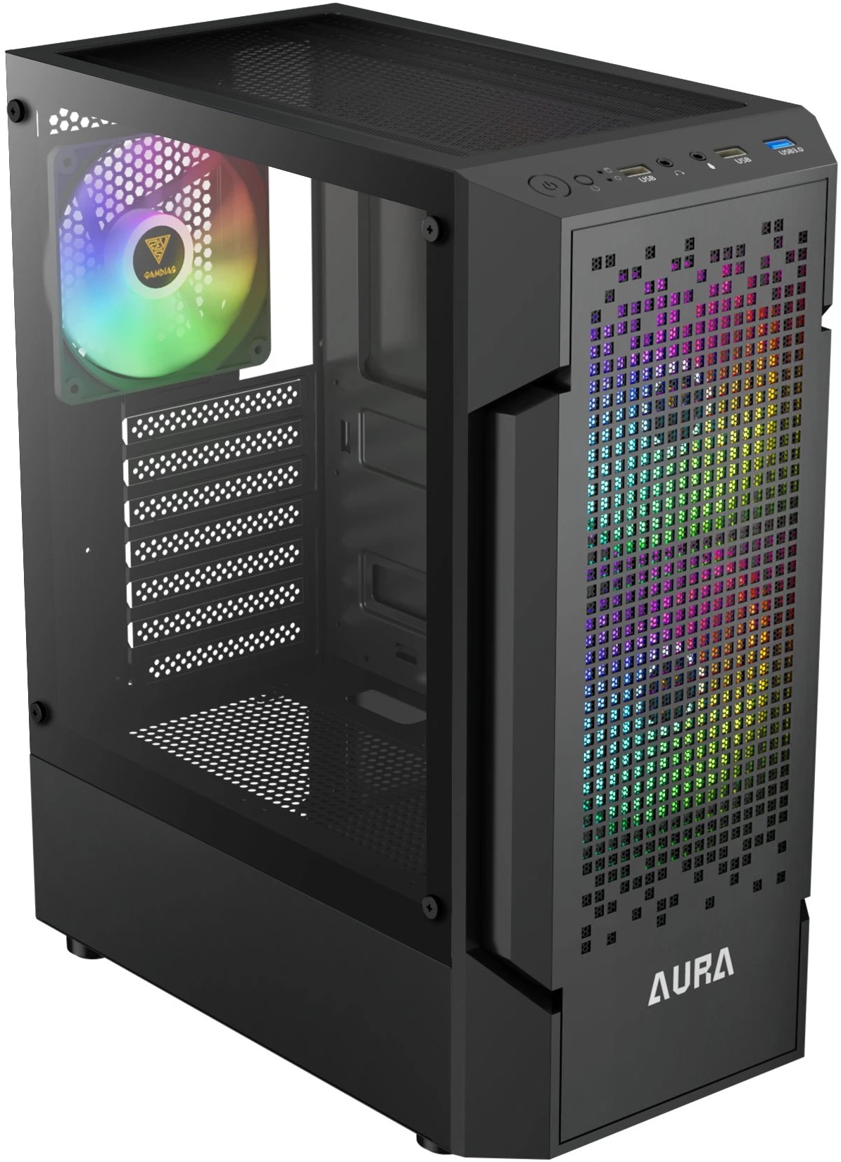 Корпус GAMDIAS AURA GC7 ARGB (без БП, ATX, USB3.0, 3x ARGB Fan, black)