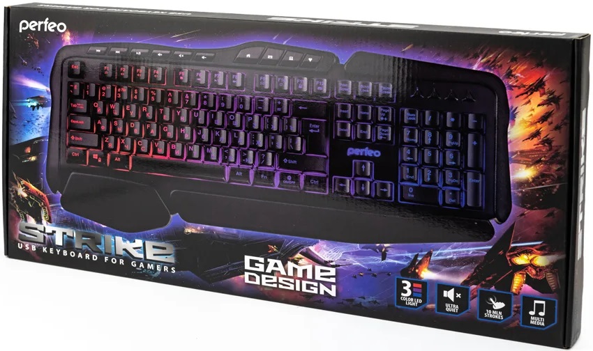 Клавиатура Perfeo Strike PF-A4390 (USB, регулируемая подсветка, мультимедийная, игровая, black)