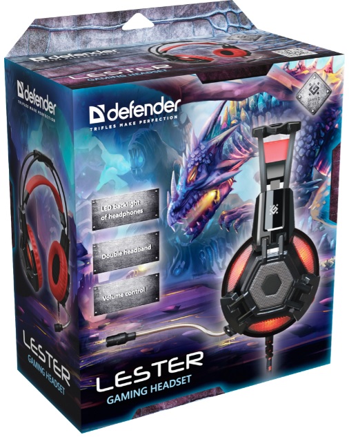 Наушники Defender LESTER (полноразмерные закрытые, c микрофоном, игровые, регулятор, 2.2m, промо-код "Crossout", black-red)