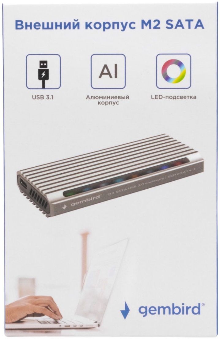 Корпус для SSD M.2 Gembird EEM2-SATA-3 (USB3.1 Type-C, M.2 2280 SATA, подсветка, grey)