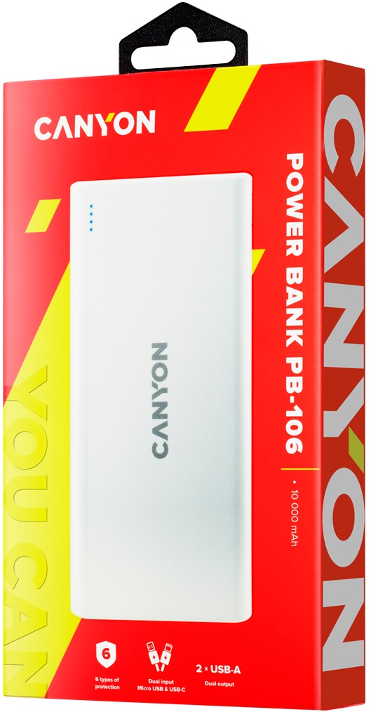 Внешний аккумулятор Canyon CNE-CPB1006W (литий-полимерный, 10000mAh, 2*USB 2.1A (max), вход 2A, white)