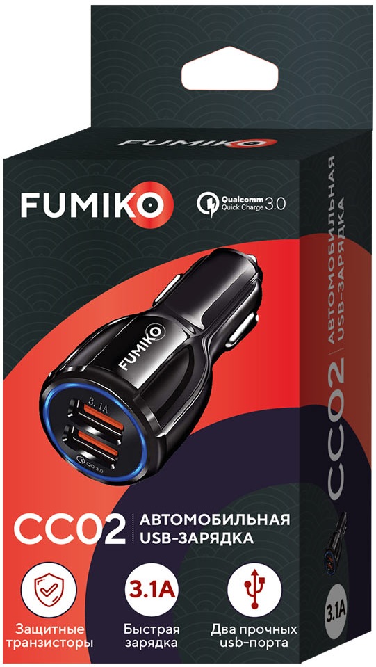 Зарядное устройство от прикуривателя FUMIKO CC02 (FCC02-01, 12/240V - USB, 2 USB разъёма, 3.1А max, QC3.0, black)