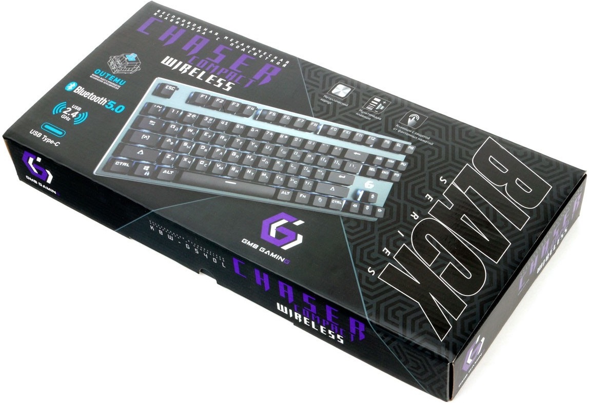 Клавиатура беспроводная Gembird CHASER COMPACTKBW-G540L (Bluetooth 5.0 / 2.4GHz / USB, аккумулятор 3300mAh, механическая, BLUE Switch, подсветка, игровая, black-grey)