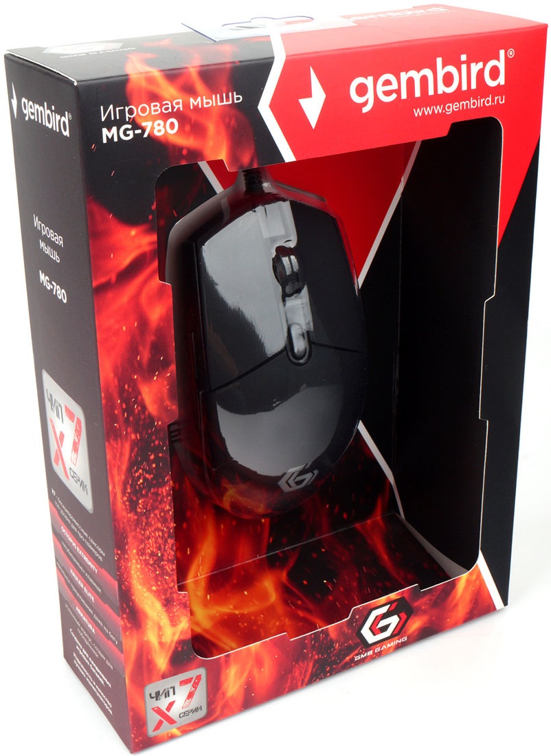 Мышь Gembird MG-780 (USB, optical, 2400dpi, RGB подсветка, игровая, 1.5m, black)