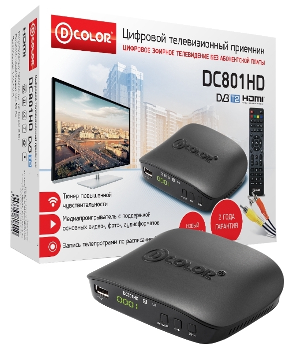 Тюнер для цифрового ТВ внешний / Медиа-проигрыватель D-Color DC801HD (1080p, DVB-T/T2, HDMI, MKV, USB, Time Shift, black)
