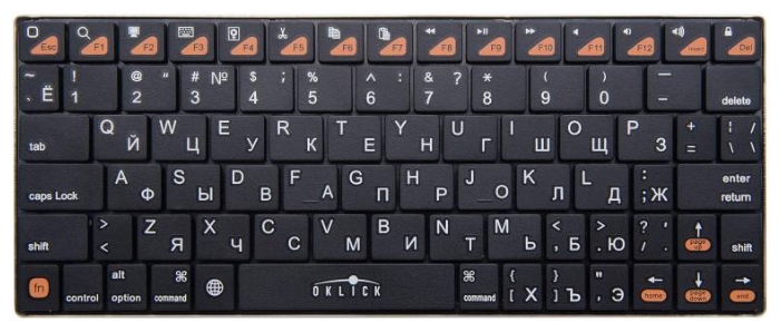 Клавиатура беспроводная Oklick 840S (Bluetooth, миниатюрная, встроенная батарея, для мобильных устройств и планшетов, с основой из нержавеющей стали, black)