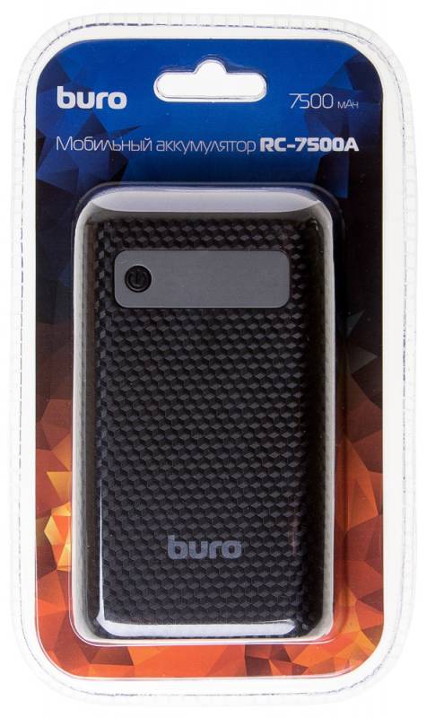 Внешний аккумулятор Buro RC-7500A-B (литий-ионный, 7500mAh, 2*USB - 1A+1A, вход 1A, black-grey)
