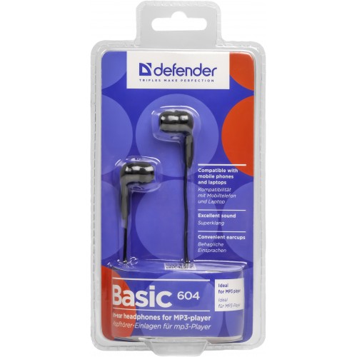 Наушники Defender Basic-604 (затычки, без микрофона, 1.1m, black)