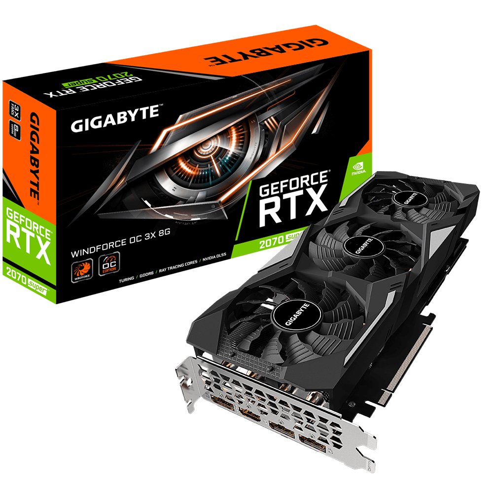 Видеокарта Gigabyte GF RTX2070 8Gb (GV-N207SWF3OC-8GD, 256bit, GDDR6, HDMI+3xDP) RTL