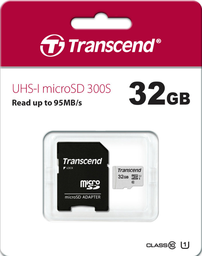 Карта памяти SDmicro Card 32Gb Transcend (TS32GUSD300S-A, Class 10, UHS-I, 100MB/s, адаптер SD)
