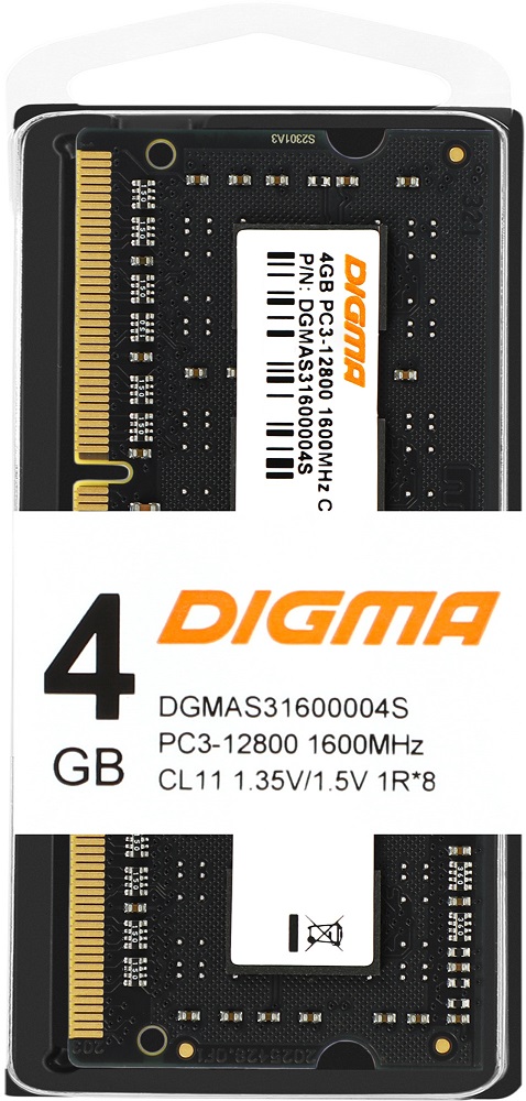 Память SO-DIMM DDR3L 4Gb, PC12800, 1600MHz, Digma (DGMAS31600004S, 1.35V, CL11)