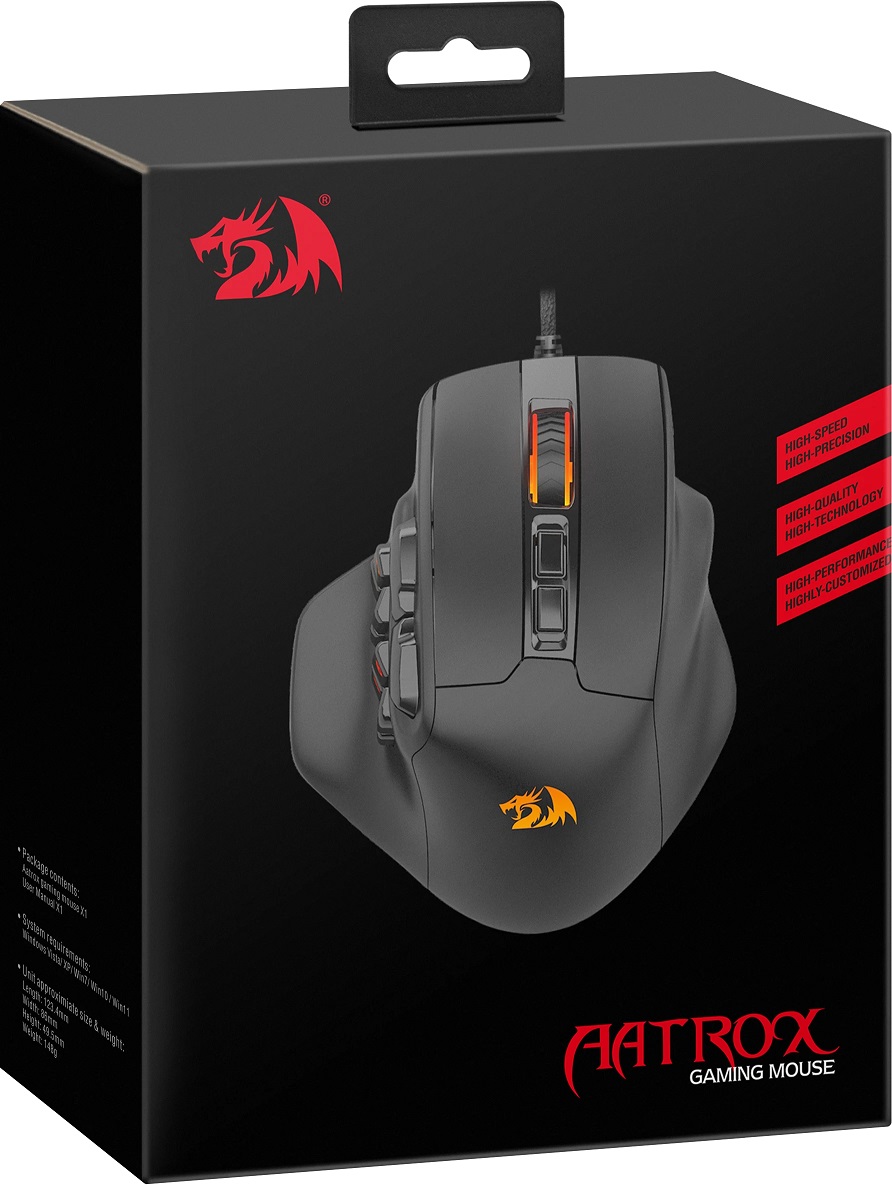 Мышь Redragon AATROX (USB, optical, 12400dpi, игровая, RGB подсветка, редактор макросов, эмуляция клавиш клавиатуры, soft-touch, 1.8m, black)