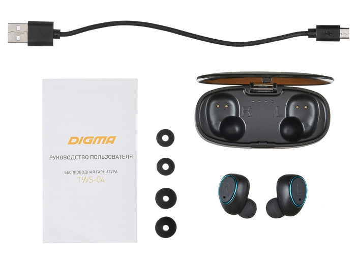 Гарнитура Digma TWS-04 (затычки, беспроводная, Bluetooth 4.2, с микрофоном, до 3 часов работы от батареи, black)