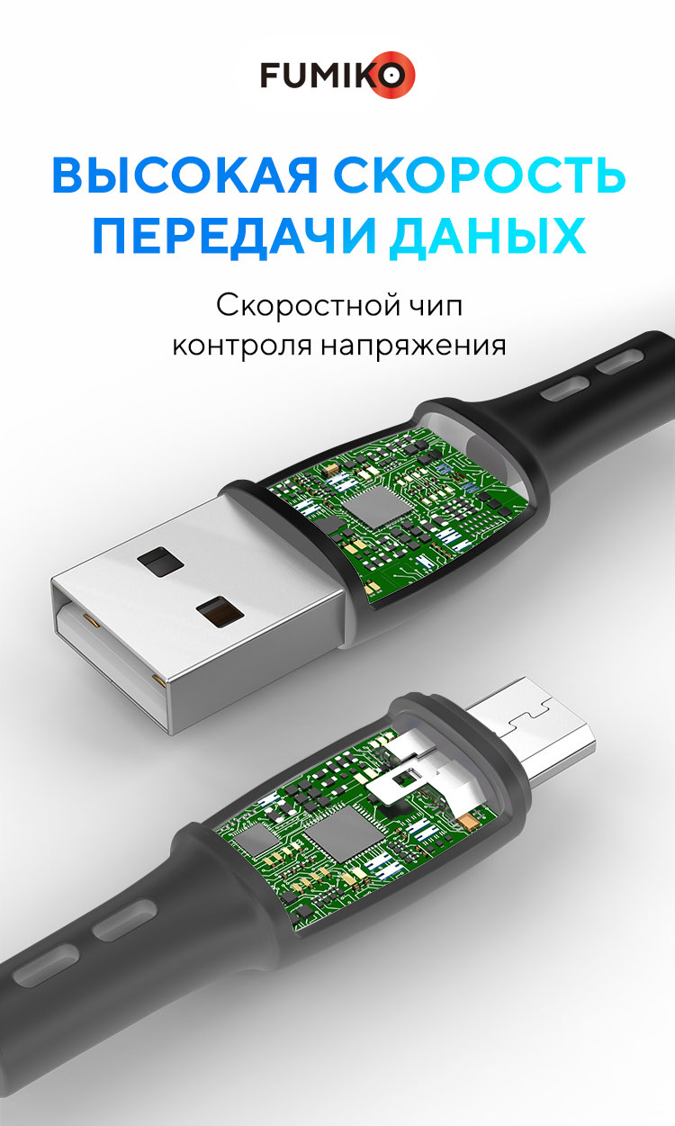 Кабель USB 2.0 Am - micro USB 1.0m (FCA02-04, 3A, быстрая зарядка, black) FUMIKO