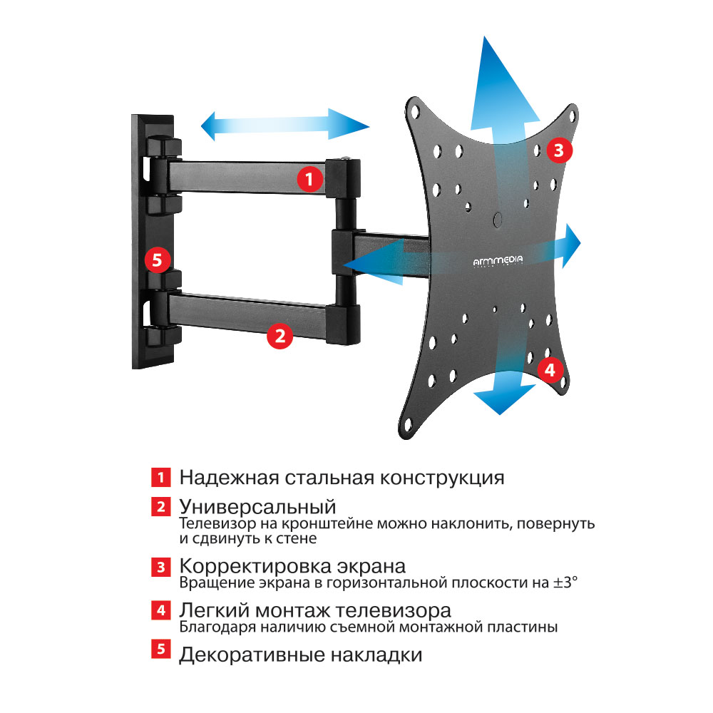 Настенный кронштейн для телевизоров и мониторов Arm Media MARS-4 (20"-43", VESA 75-200, до 20кг, black)