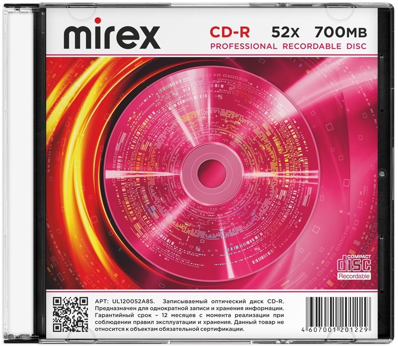 Диск CD-R Mirex (700Mb, 52x, 1шт., slim case)