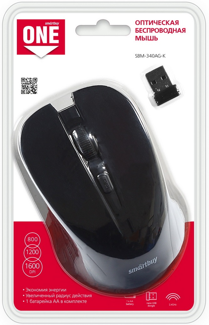Мышь беспроводная Smartbuy ONE (SBM-340AG-K, optical, 1600dpi, AA, black)