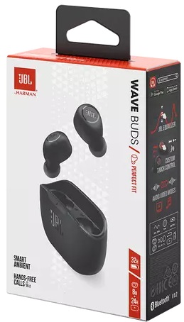 Гарнитура JBL WAVE BUDS (затычки, беспроводная, Bluetooth 5.2, с микрофоном, до 8 часов работы от батареи + 24 часа с базой, IPX2, black)