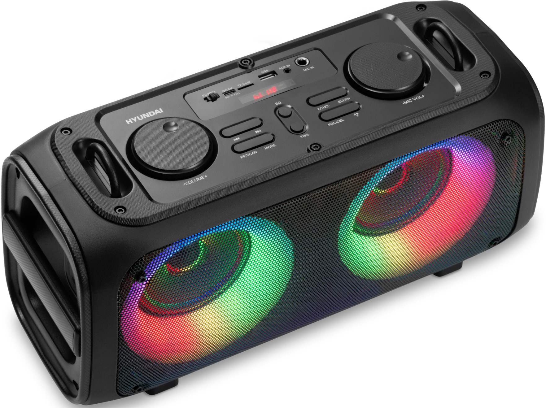 Колонка Hyundai H-PS1030 (40W, портативная, аккумулятор 3600mAh, до 10ч, Bluetooth5.0, AUX, USB, Micro SD, FM, MP3, пульт Д/У, караоке, black)