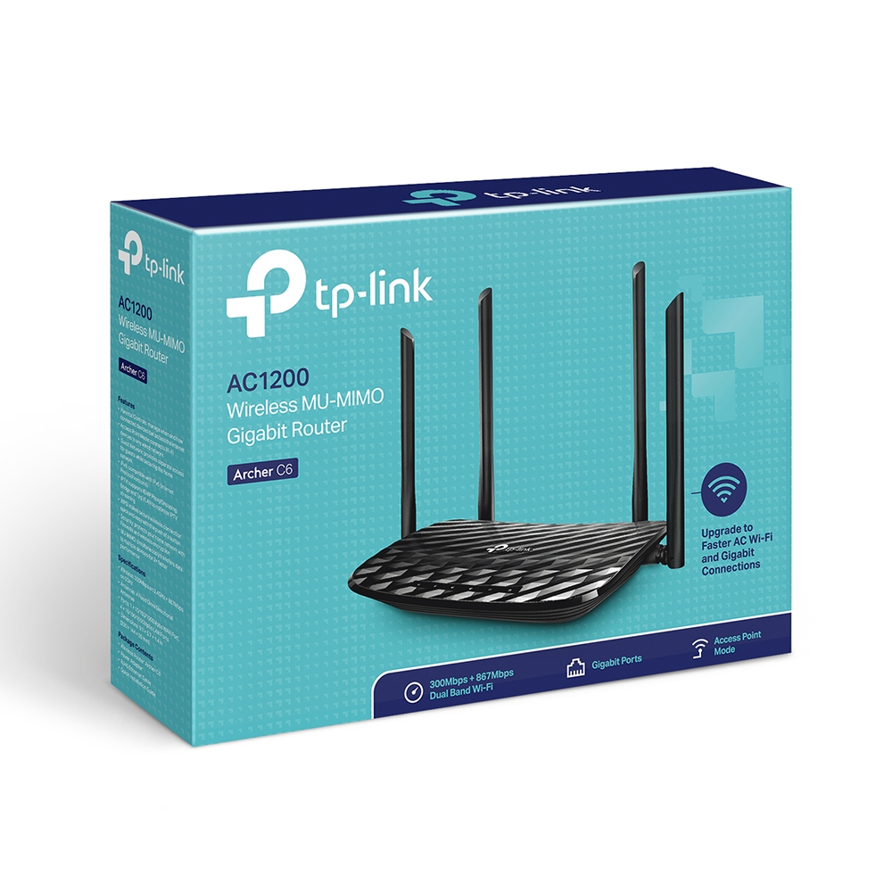 Роутер TP-LINK Archer C6 (1167Mbps, 2.4/5GHz, 4 ports, 1000Mbps, 4 внешние несъёмные антенны, black)