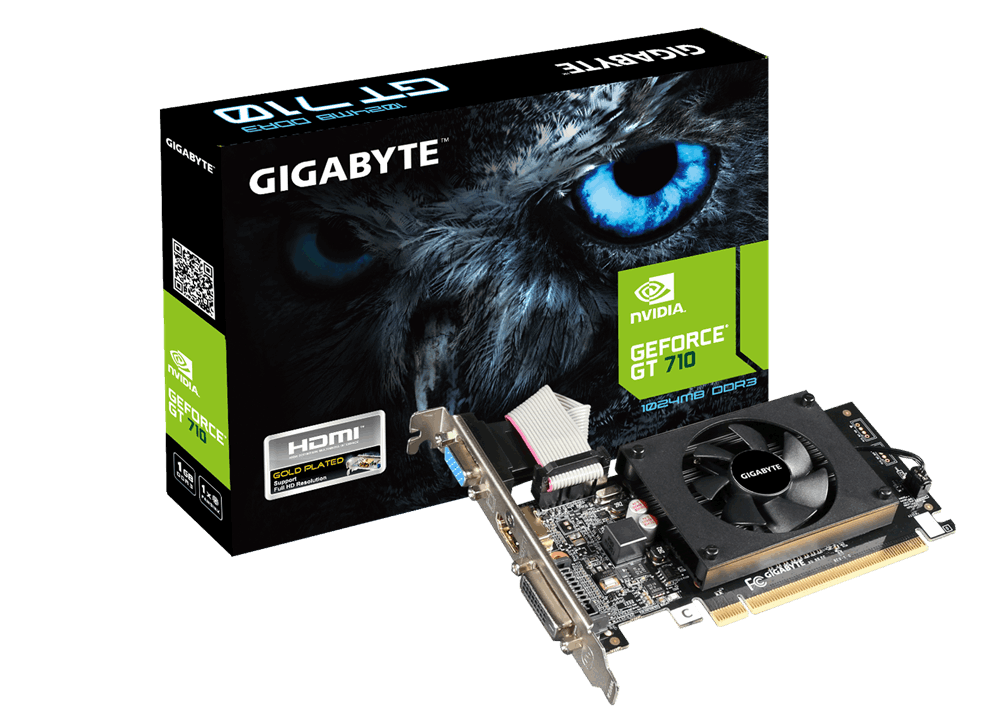Видеокарта Gigabyte GF GT710 1Gb (GV-N710D3-1GL, 64bit, DDR3, DVI+HDMI+CRT) RTL