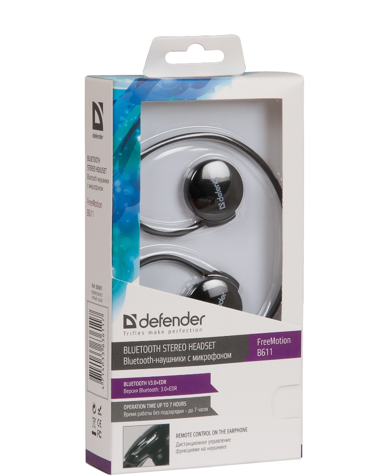 Наушники Defender FreeMotion B611 (затычки, беспроводные, Bluetooth 3.0+EDR, с микрофоном, до 7 часов работы от батареи, black)