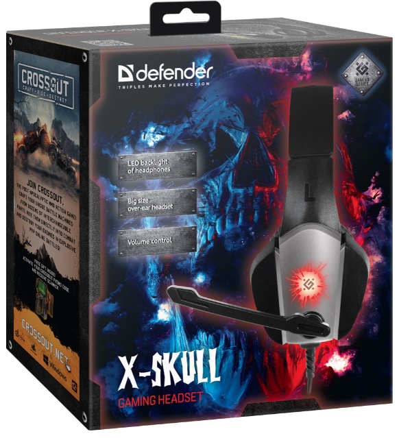 Наушники Defender X-Skull (полноразмерные закрытые, с микрофоном, регулятор, 2.1m, игровые, подсветка, промо-код "Crossout", black-silver)