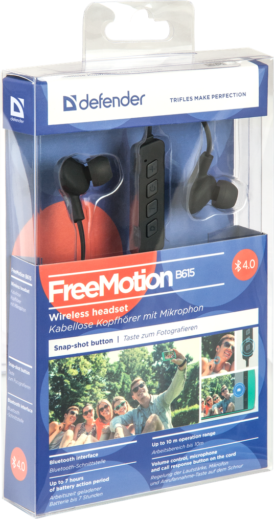 Наушники Defender FreeMotion B615 (затычки, беспроводные, Bluetooth 4.0, с микрофоном, до 10м., 7 часов работы от батареи, black)