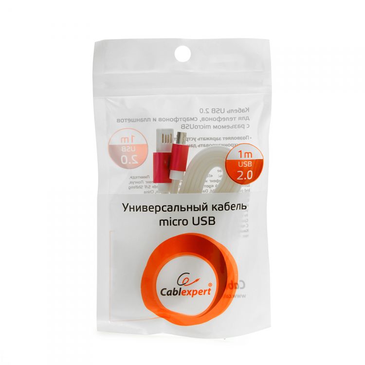 Кабель USB 2.0 Am - micro USB 1.0m (CC-mUSBr1m, мультиразъём, силиконовый шнур, пакет, white-red) Cablexpert