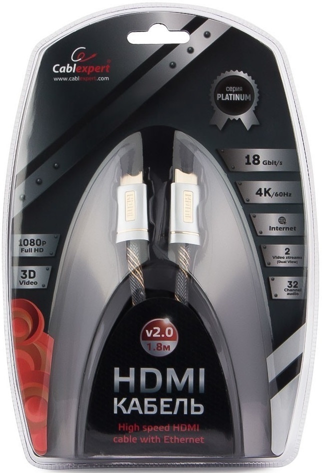 Кабель HDMI (m) - HDMI (m) 1.0m (CC-P-HDMI02-1M, серия Platinum, 4K, ver.2.0, с позолоченными контактами, тканевая оплётка, silver) Cablexpert
