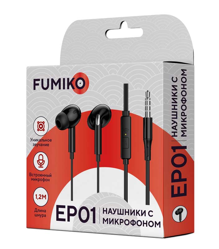 Наушники FUMIKO EP-01 (FEP01-02, затычки, для мобильных устройств, с микрофоном, 1.2m, black)