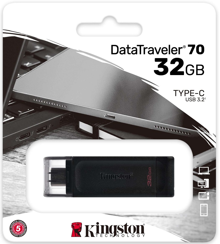 Флеш накопитель USB 3.2 32Gb Kingston DataTraveler 70 (DT70/32GB, OTG Type-C, black)