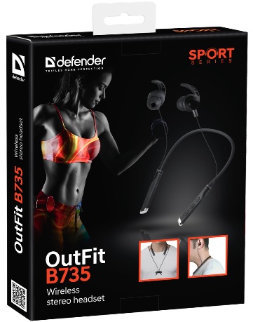 Гарнитура Defender OUTFIT B735 (затычки, беспроводные, Bluetooth 5.0, с микрофоном, до 10м., до 5 часов работы от батареи, microSD, black)