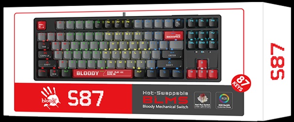 Клавиатура A4Tech Bloody S87 (USB, механическая, RED Switch, поддержка ПО Bloody KeyDominator (для создания макросов, профилей, полной настройки RGB подсветки), игровая, мультимедийная, Anti-Ghosting, 1.8m, energy red)