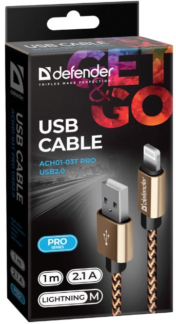 Кабель USB 2.0 Am - Lightning 1.0m (ACH01-03T PRO, black-gold) Defender