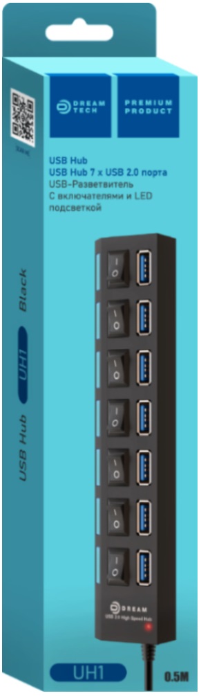 USB 2.0 HUB Dream UH1 (7 портов, активный, выключатели, black)