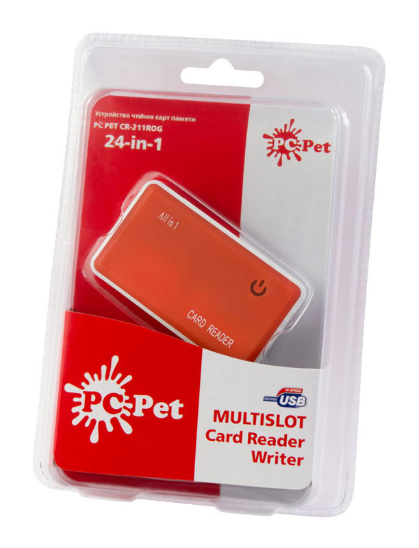 Карт-ридер PC Pet 24-in-1 (CR-211ROG, SDHC, microSD, M2, MS, MMC, CF, xD, Rubber-Orange, USB 2.0)