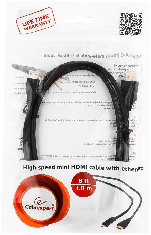 Кабель HDMI (m) - MiniHDMI (m) 1.8m (CC-HDMI4C-6, 4K, ver.2.0, с позолоченными контактами, экранированный, black) Cablexpert