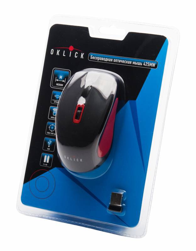 Мышь беспроводная Oklick 425MW (optical, 1600dpi, 2*AA, black-red)