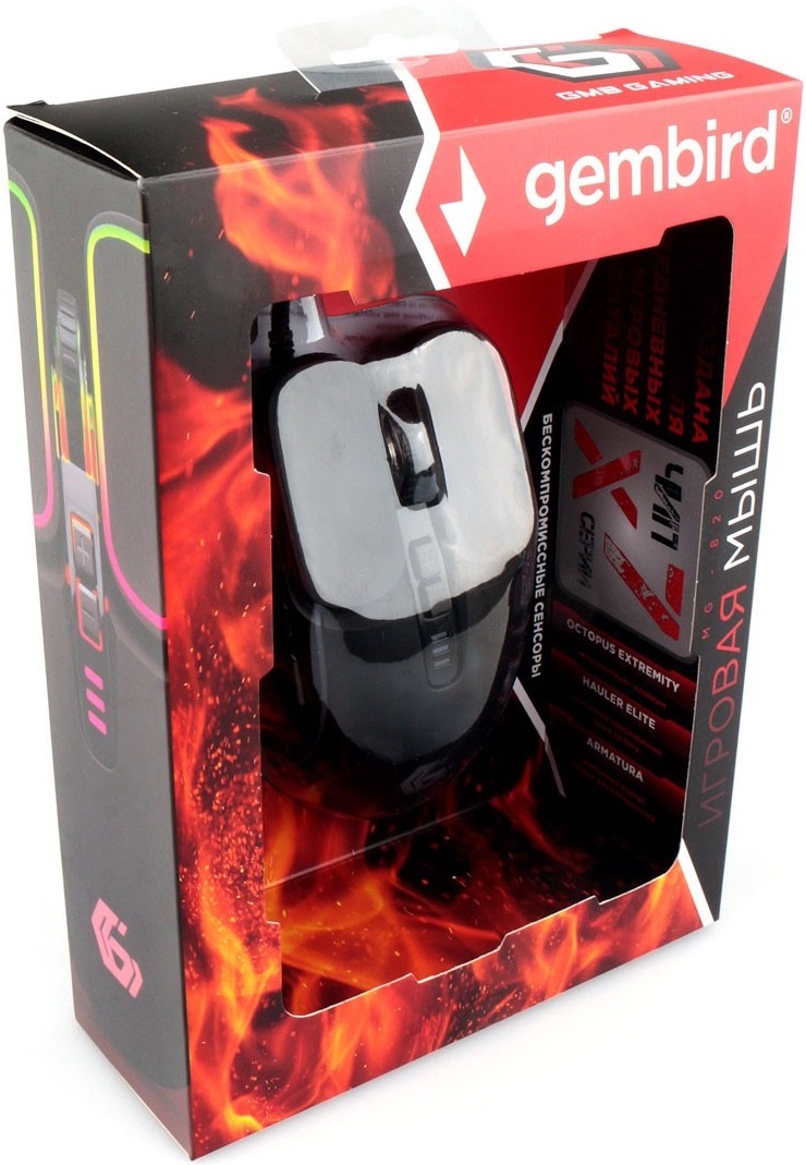 Мышь Gembird MG-820 (USB, optical, 3200dpi, RGB подсветка, игровая, 1.8m, black)
